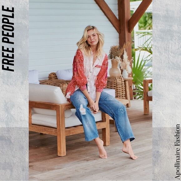 FREE PEOPLE MODERN LOVE PULL ON JEANS BLUE MOTIF PAINT SPLATTER MEDIUM NEW - Picture 6 of 8